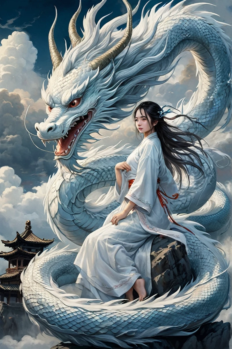 masterpiece, Highest quality, One girl, white, Chinese Dragon, null, cloud