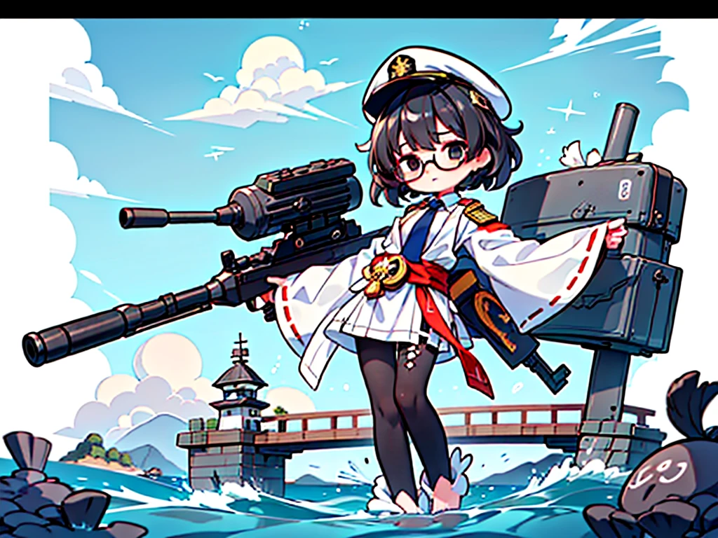 (((masterpiece, Vision))), ((((Full body of a woman with perfect flat chest、1 Female、solo、Short unkempt black hair、Tie your messy hair at the nape of your neck、white military jacket、Miko costume、black tights、Black glasses、White military cap、Cloudy black eyes、Confused eyes、Junyo-inspired emblem)))), (((Shipgirl))), ((Floating on the morning sea with both feet)), (Standing with your legs apart)), Aim, (Hold the shotgun turret grip with your right hand), (Large caliber turret tail from waist), (Equipped with a bridge on the back), (His left arm holds the grip of a triple machine gun),