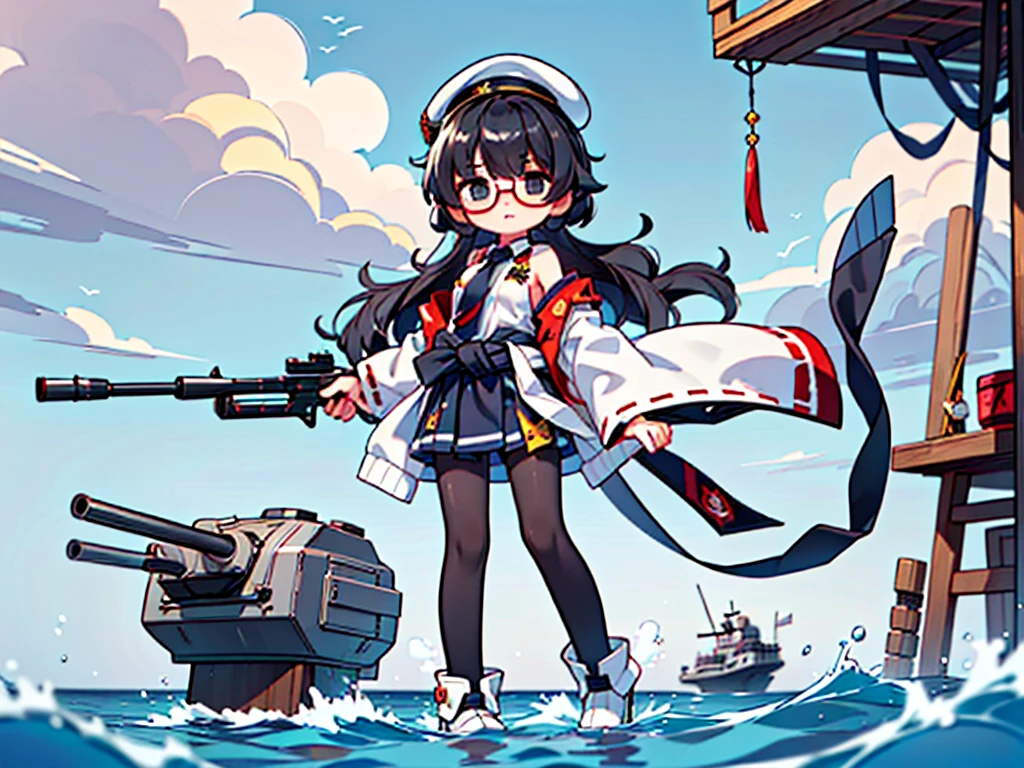 (((masterpiece, Vision))), ((((Full body of a woman with perfect flat chest、1 Female、solo、Short unkempt black hair、Tie your messy hair at the nape of your neck、white military jacket、Miko costume、black tights、Black glasses、White military cap、Cloudy black eyes、Confused eyes、Junyo-inspired emblem)))), (((Shipgirl))), ((Floating on the morning sea with both feet)), (Standing with your legs apart)), Aim, (Hold the shotgun turret grip with your right hand), (Large caliber turret tail from waist), (Equipped with a bridge on the back), (His left arm holds the grip of a triple machine gun),