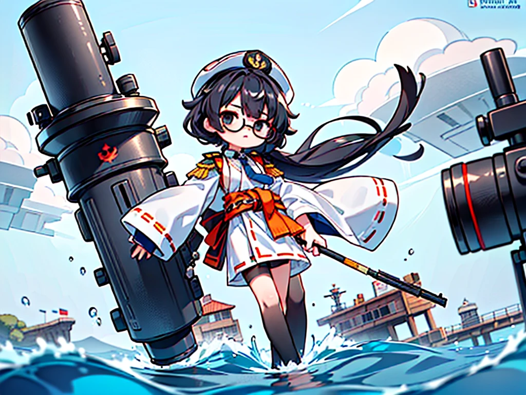 (((masterpiece, Vision))), ((((Full body of a woman with perfect flat chest、1 Female、solo、Short unkempt black hair、Tie your messy hair at the nape of your neck、white military jacket、Miko costume、black tights、Black glasses、White military cap、Cloudy black eyes、Confused eyes、Junyo-inspired emblem)))), (((Shipgirl))), ((Floating on the morning sea with both feet)), (Standing with your legs apart)), Aim, (Hold the shotgun turret grip with your right hand), (Large caliber turret tail from waist), (Equipped with a bridge on the back), (His left arm holds the grip of a triple machine gun),