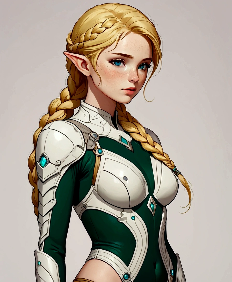 19 years old、Blonde、Braid、Upper Body、Simple Background、Elf Women、Futuristic body suit、Moderate bust、freckles、