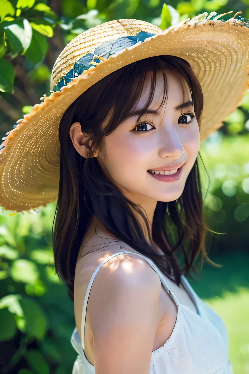 Top quality, 1 beautiful woman, Sunlight, ((masterpiece, Highest quality, High resolution)), smile, (Wear a straw hat:1.3), 1 Japanese girl, (Realistic: 1.4), Great face, 15 years old, Medium Hair, (Beautiful Hair:1.5), one piece, Meadow and blue sky, (Top view:1.3), Smooth, Highly detailed CG composite 8K wallpaper, High resolution RAW color photos, Professional photography, Light, BackLight, dream-like, impressive, Written boundary depth
