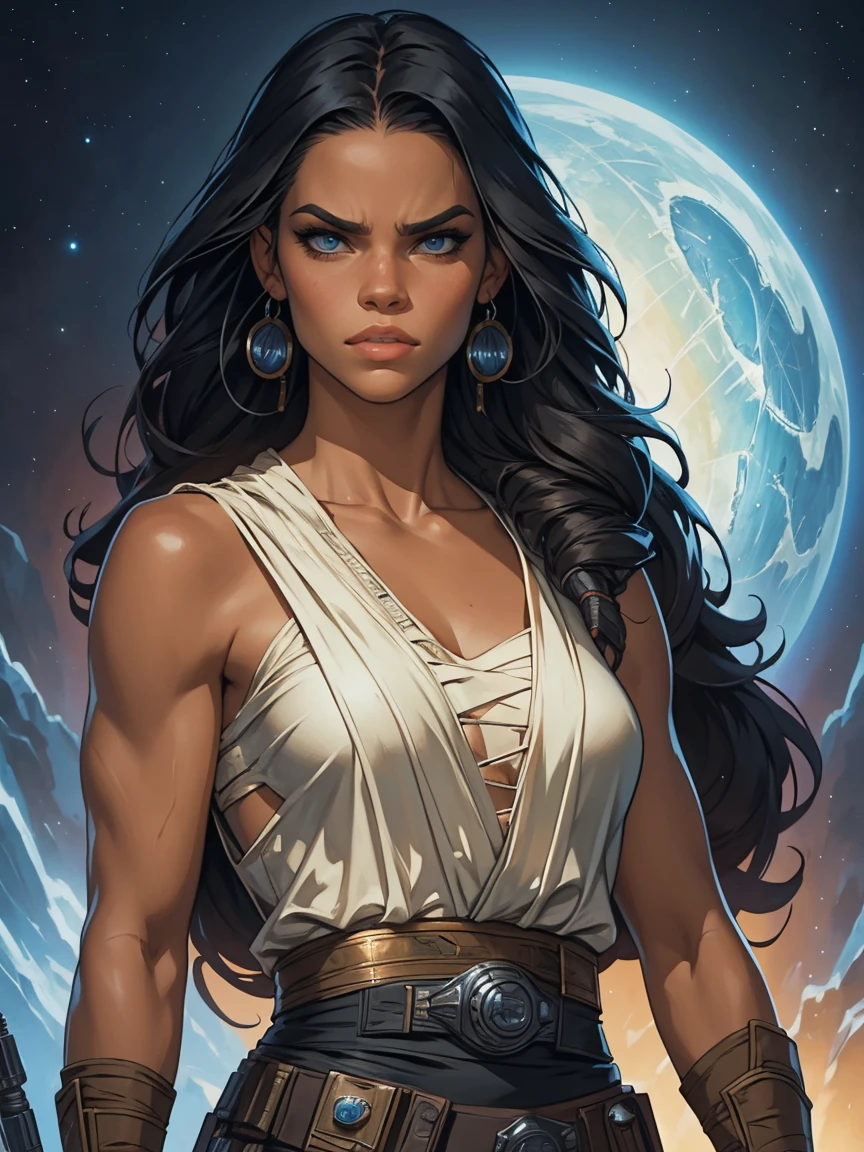 a young female space fighter pilot based on Michelle Rodriguez, sci-fi illustration, highly detailed cinematic fantasy portrait, black outlining, full color illustration, in the style of BORIS VALLEJO & JULIE BELL, masterpiece, 8k, ultra-detailed, physically-based rendering, vivid colors, dramatic lighting, intricate background, fantasy, photorealistic