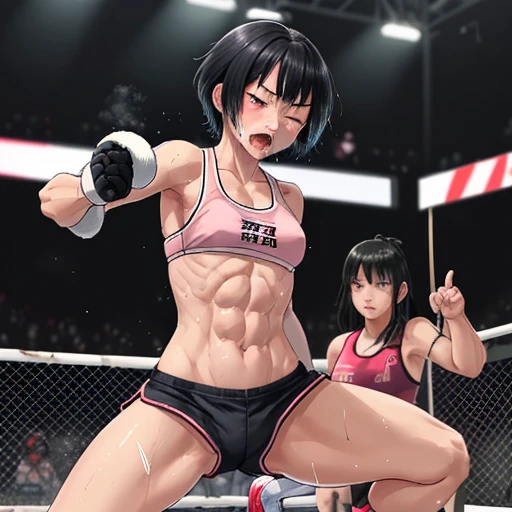 Injured Japanese female high school mixed martial artist during a match in the ring。Short black hair。Trying to stand up on hands and knees。A regretful look。One eye closed。Out of breath。Drooling from the mouth。Drenched in sweat。A well-trained body。Six Pack Abs。Small breasts。Erect nipples。Pink sports bra and bikini shorts on white。Open Finger Gloves。