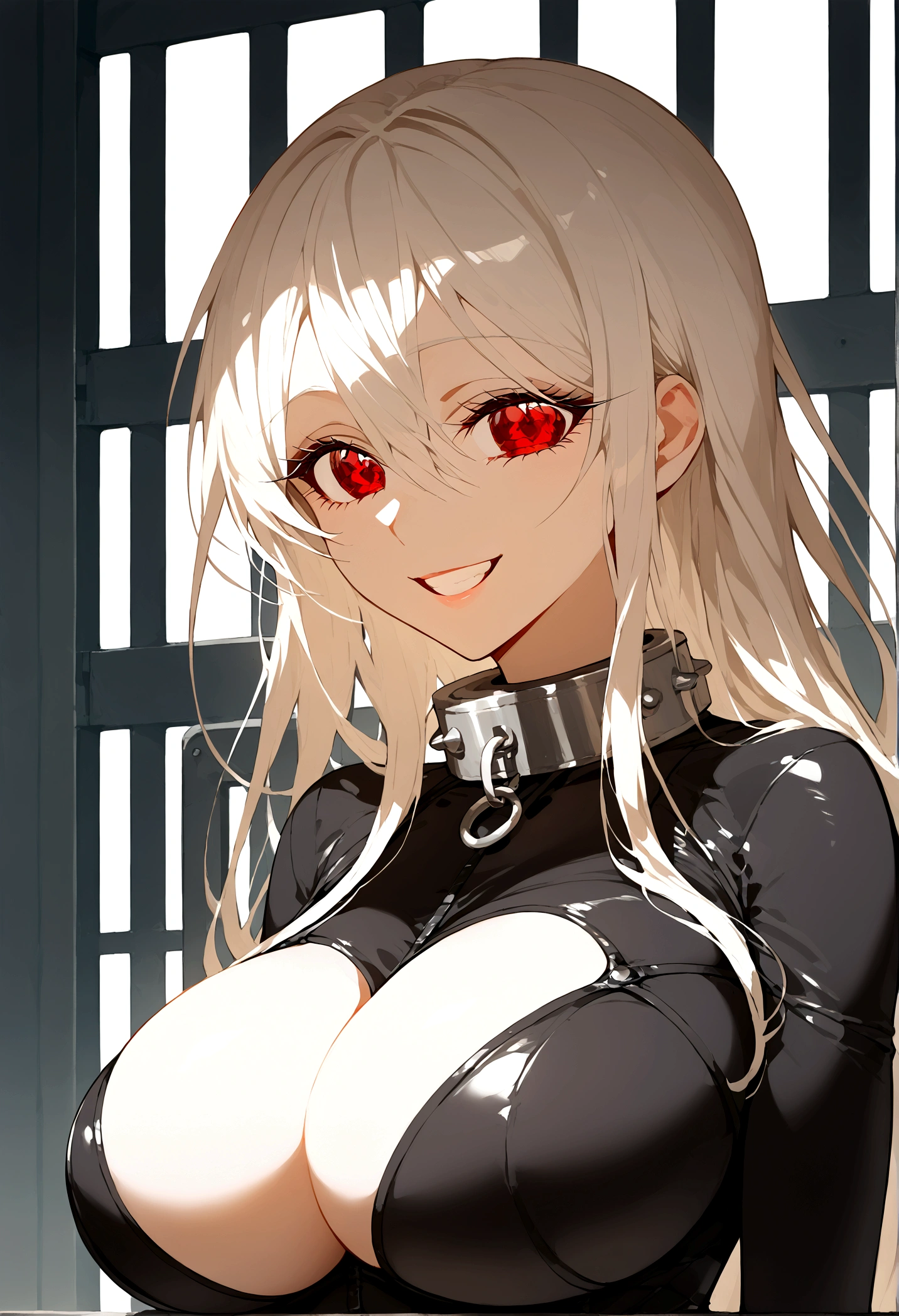 score_9, score_8_up, score_7_up, BREAK, 1girl, solo, big breasts, breasts, "Old", deadmanshiro, deadman shiro, albino, hair between eyes, long hair, (red eyes:1.5), white hair, smile, grin, BREAK, bodysuit, collar, skin tight, BREAK looking at viewer, BREAK indoors, prison, prison cell, BREAK (masterpiece:1.2), best quality, high resolution, unity 8k wallpaper, (illustration:0.8), (beautiful detailed eyes:1.6), extremely detailed face, perfect lighting, extremely detailed CG, (perfect hands, perfect anatomy), Big bouncy breasts