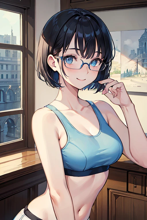 ((Highest quality)), ((masterpiece)), (Familiar), Illustration Style,Perfect Face,1 Girl,Black Hair,Short Hair,Glowing Skin,big, Bright Blue Eyes,Beautiful Bangs,Small breasts,Super Beauty,woman,,Sports Bra ,Beautiful clothes,noon,smile,Glasses