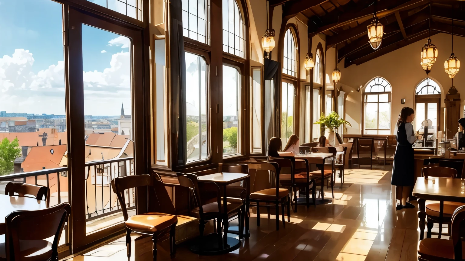 During a trip to Europe, a girl and a cat relax with a cup of coffee and a view at a spacious, old-fashioned cafe with high ceilings. The cafe is lively and bustling.