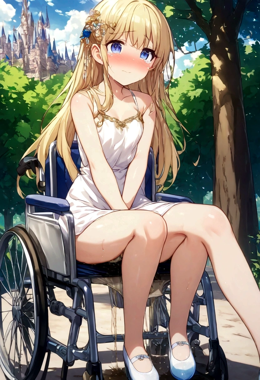 Anime. 1 girl. . . Baby. Princess. Blonde. Long hair. Blue eyes. Beautiful eyes. Perfect eyes. Expressive eyes. Eyes covered with a faded film. Blind eyes. Blind. Ideal face. Ideal anatomical body. Beautiful long legs. Beautiful body. Beautiful nose. 12 years old. Embarrassment. Blush. Beautiful character design. Shiny skin. Light white dress. Shoes. Hair decorations. Disabled person. Paralytic. Sitting. Wheelchair. Hands on crotch. Urinary incontinence. Wants to pee. She needs to pee. She has a strong, desperate urge to pee. He squeezes his crotch tightly. Rubs copper. Slight lean forward. She peed herself. Fantasy city. A park. Date. At the entrance to a public toilet. He takes off his wet panties. Tears in my eyes. Cry. Snot flows from the nose. Full body. nsfw. Official art. Extremely detailed CG Unity 8k wallpaper. Ideal lighting. Ultra high resolution 4K. Super detailed 8K. A high resolution.