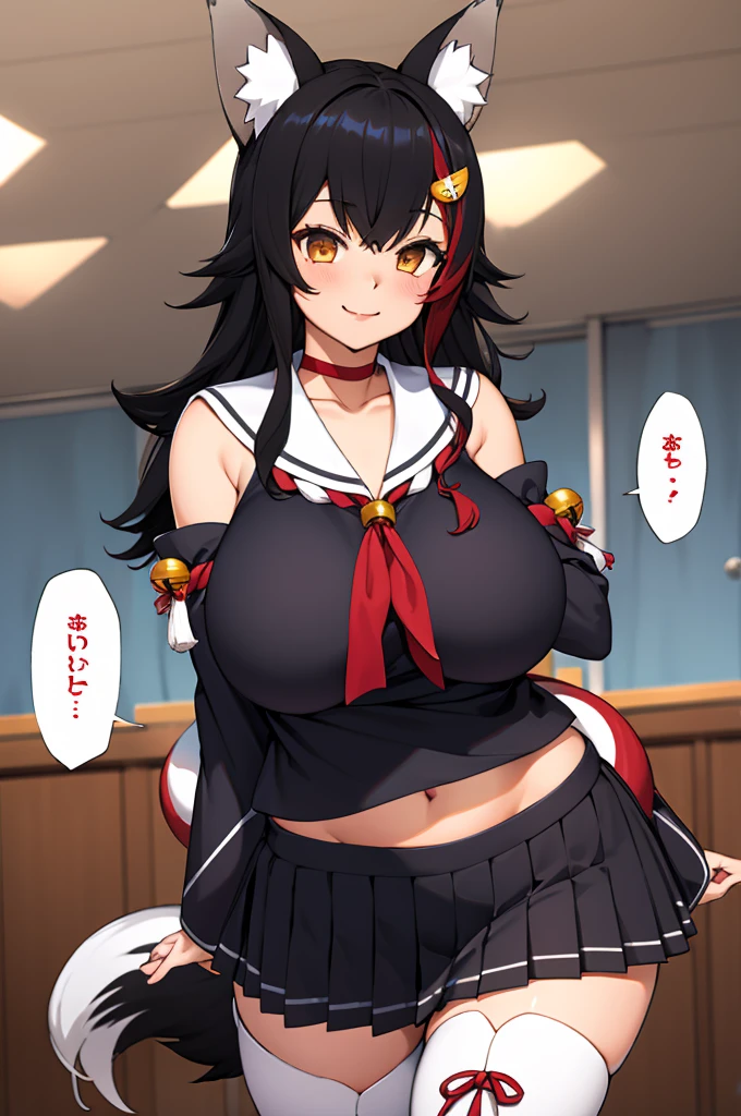 miosha1, hair ornament, wolf tail, red choker, black shirt, sailor collar, detached sleeves, black skirt, pleated skirt, white thighhighs, midriff, bell, rope,indoor,smile,looking viewer,standing,huge breasts