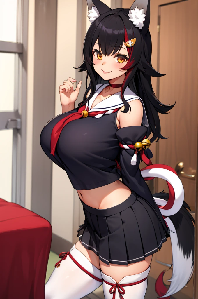 miosha1, hair ornament, wolf tail, red choker, black shirt, sailor collar, detached sleeves, black skirt, pleated skirt, white thighhighs, midriff, bell, rope,indoor,smile,looking viewer,standing,huge breasts