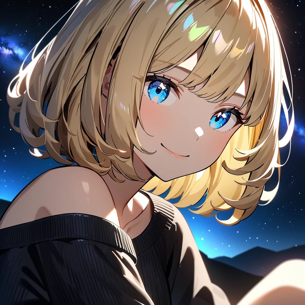 ((leaning forward)), (((focus on face))), ((close up face)), (((a beautiful starry sky, the Milky Way shining beautifully in the night))), ((Aran sweater)), ((((from side)))), ((sitting on the very high cliff)), wavy hair, inward curled hair, sea, ((blond hair, bob cut:1.3)), breasts, ager, (looking at viewer), oversized clothes, puffy long sleeves, ((off-shoulder sweater:1.3, Quite thick shoulder straps)), ((black sweater)), collarbone, head tilt:1.3, (((blue eyes))), happy smile, (((anime style))), (best quality, 4K, 8K, highres, masterpiece:1.2, ultra-detailed, ultra-detailed eyes, HDR, uhd, studio lighting, ultra-fine painting, sharp focus, physically-based rendering, extreme detail description, professional, vivid colors, bokeh)