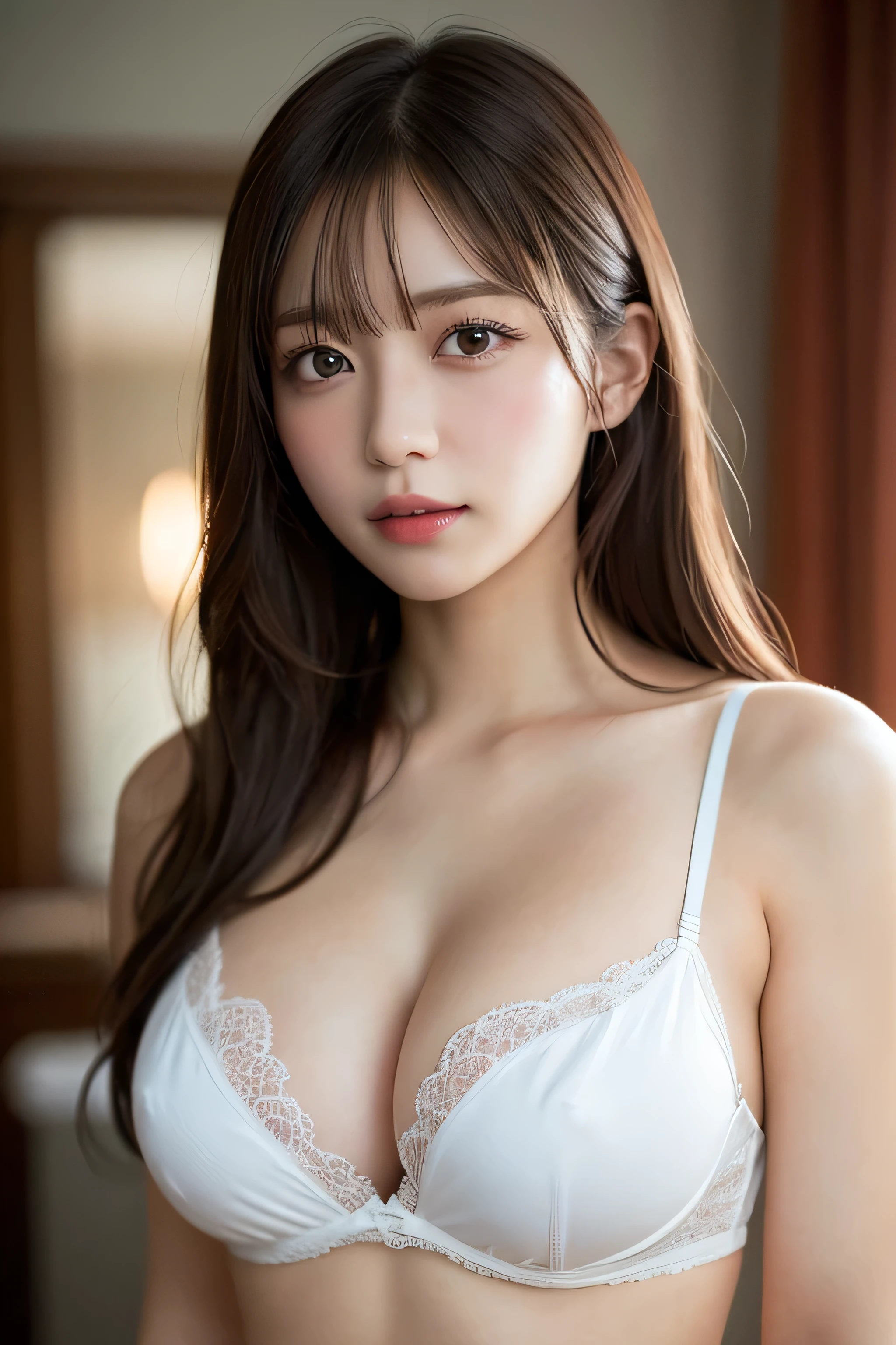 masutepiece, Best Quality, Illustration, Ultra-detailed, finedetail, hight resolution, 8K Wallpaper, Perfect dynamic composition, Beautiful detailed eyes, Natural lips, See-through White & red Lingerie:1.5 , Big breasts:1.5, cleavage, Slim Body:1.5
