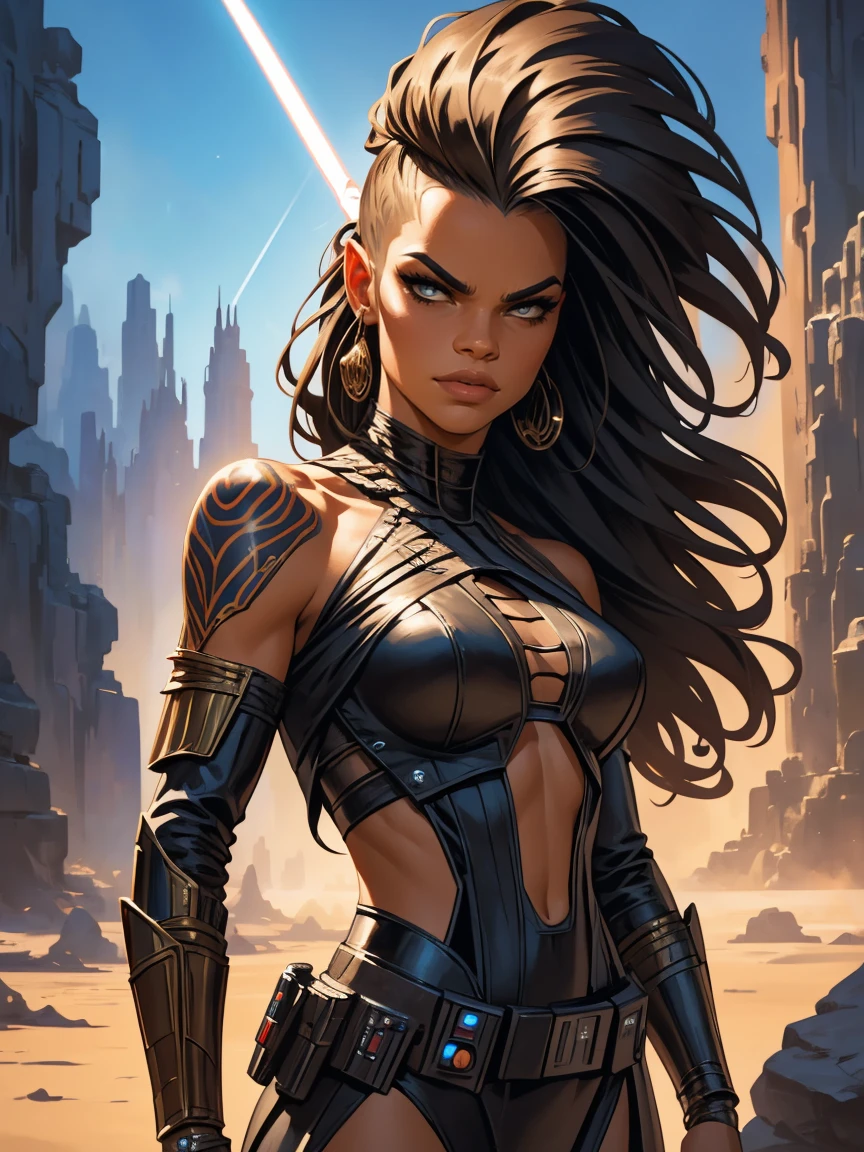 a young female space fighter pilot based on Michelle Rodriguez, sci-fi illustration, highly detailed cinematic fantasy portrait, black outlining, full color illustration, in the style of BORIS VALLEJO & JULIE BELL, masterpiece, 8k, ultra-detailed, physically-based rendering, vivid colors, dramatic lighting, intricate background, fantasy, photorealistic