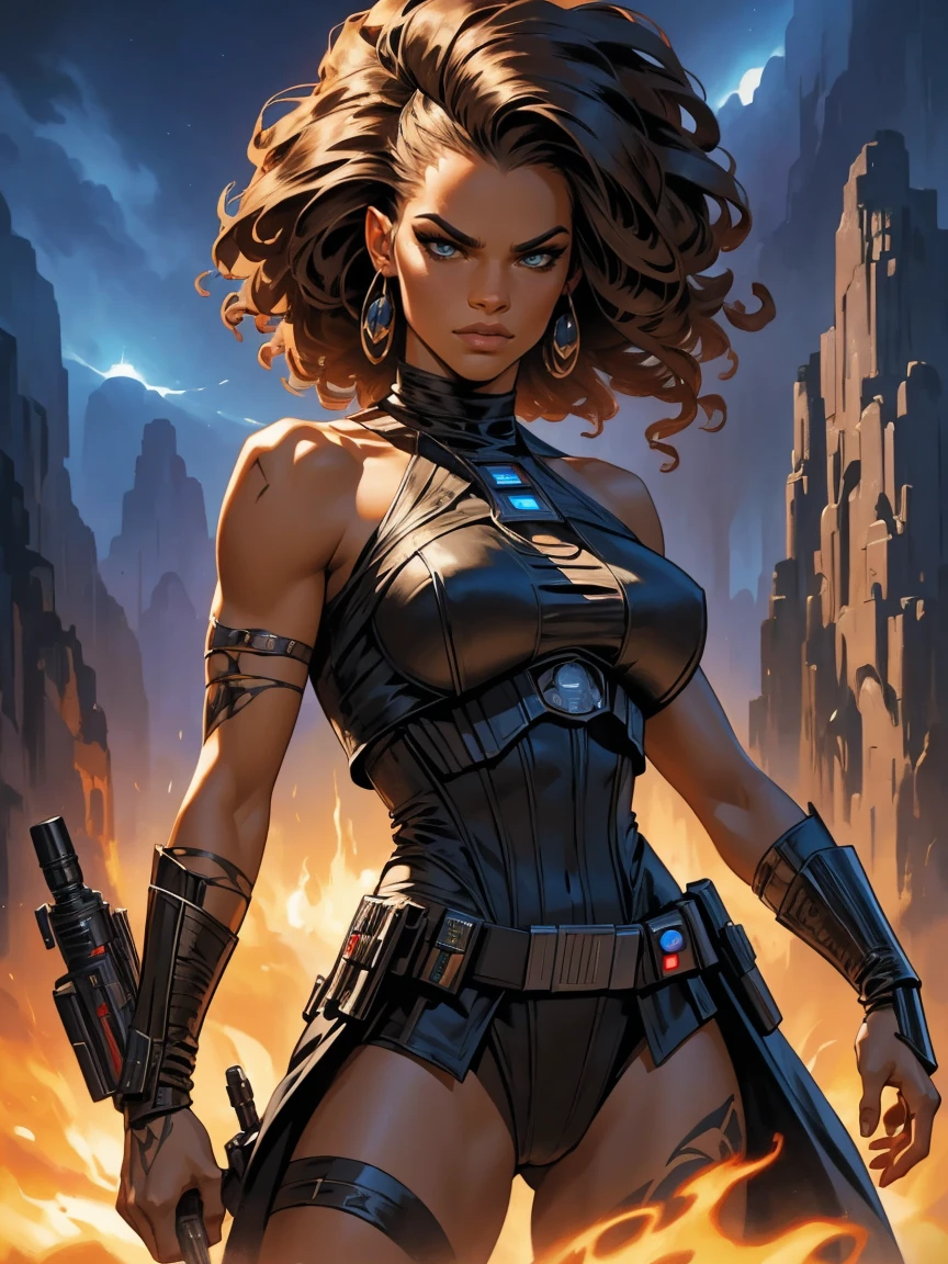 a female sith based on Zendaya, Star Wars, highly detailed cinematic fantasy portrait, black outlining, full color illustration, in the style of BORIS VALLEJO & JULIE BELL, masterpiece, 8k, ultra-detailed, physically-based rendering, vivid colors, dramatic lighting, intricate background, photorealistic