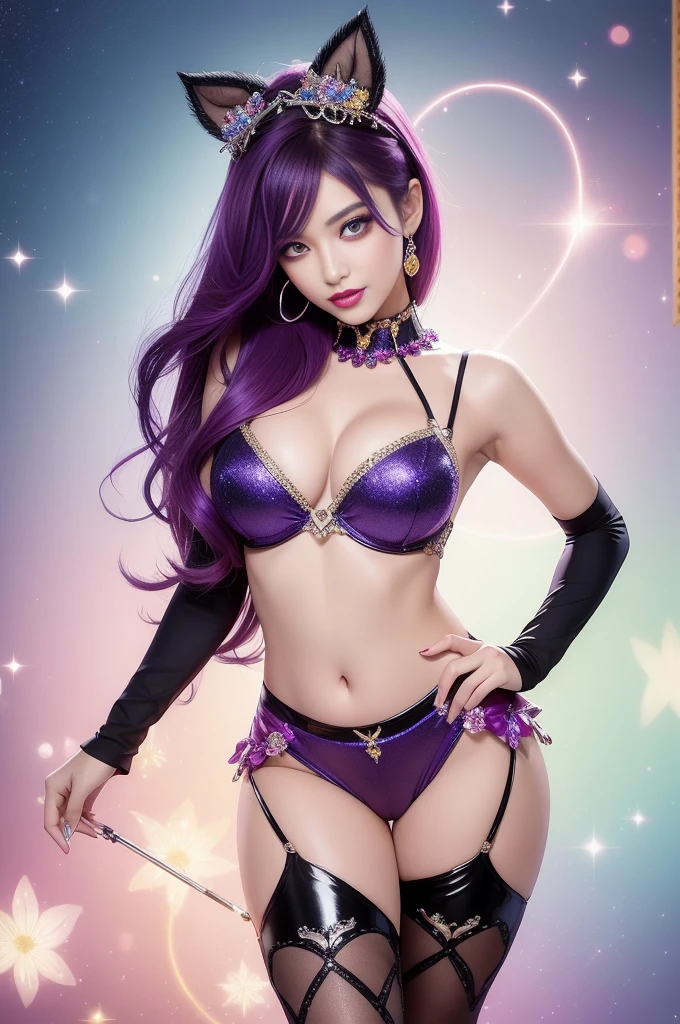 sexy Brazilian model who controls poison、beautiful smile、lip-gloss、bold lipstick、long lashes、colorful metallic makeup、look at the camera、full body Esbian、、sparkling poisoned flower costume、、、、sparkling Colorful hair、secrete poison、skull hair accessories、sexy tights、shiny sparkling flowers background