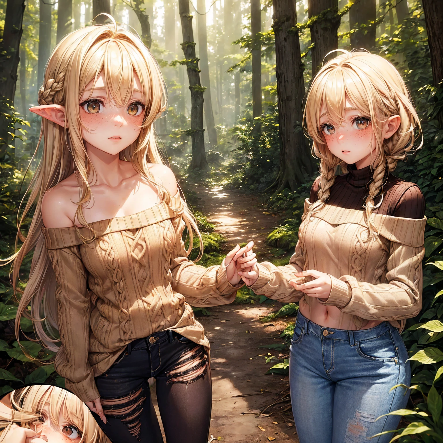 ((female, innocent eyes, brown colored eyes, soft blonde hair, forest nymph, shy, in forest, freckles, brown off the shoulder sweater, ripped jeans, skinny, blushing))