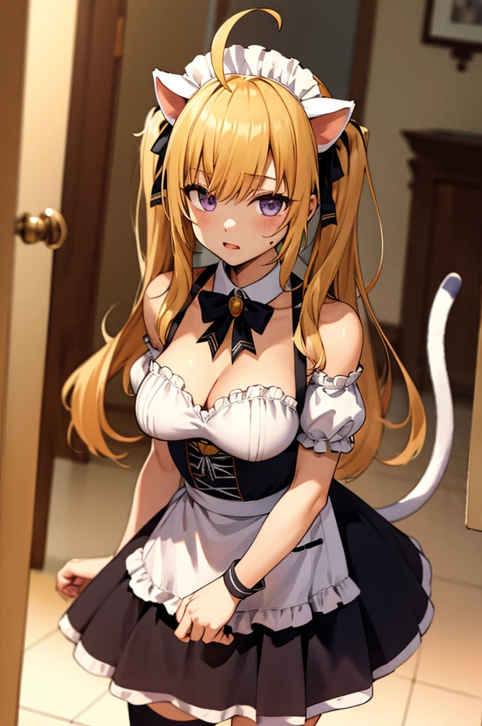 masterpiece, best quality, highres, hmtr, twintails, ahoge, maid headdress, animal ears, hair ribbon, black ribbon, cat tail, cleavage, black bowtie, maid, black dress, short sleeves, detached sleeves, bare shoulders, wrist cuffs, white apron, black thighhighs, standing, indoors, cowboy shot, arms at sides, straight-on,