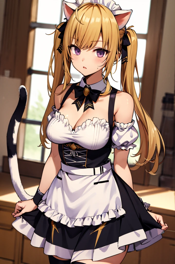 masterpiece, best quality, highres, hmtr, twintails, ahoge, maid headdress, animal ears, hair ribbon, black ribbon, cat tail, cleavage, black bowtie, maid, black dress, short sleeves, detached sleeves, bare shoulders, wrist cuffs, white apron, black thighhighs, standing, indoors, cowboy shot, arms at sides, straight-on,