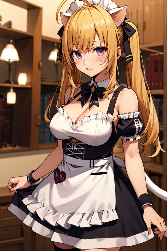 masterpiece, best quality, highres, hmtr, twintails, ahoge, maid headdress, animal ears, hair ribbon, black ribbon, cat tail, cleavage, black bowtie, maid, black dress, short sleeves, detached sleeves, bare shoulders, wrist cuffs, white apron, black thighhighs, standing, indoors, cowboy shot, arms at sides, straight-on,