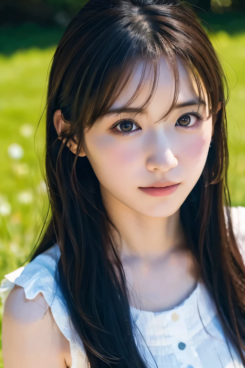 Top quality, 1 beautiful woman, Sunlight, ((masterpiece, Highest quality, High resolution)), (Hair fluttering:1.3), Surprised, 1 Japanese girl, (Realistic: 1.4), Great face, 15 years old, Medium Hair, (Beautiful Hair:1.5), one piece, Meadow and blue sky, (Top view:1.3), Smooth, Highly detailed CG composite 8K wallpaper, High resolution RAW color photos, Professional photography, Light, BackLight, dream-like, impressive, Written boundary depth