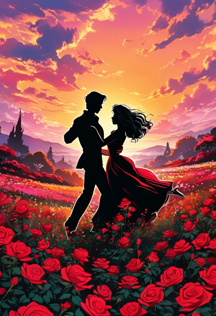 a black silhouette of a couple dancing in the middle of a red rose flower meadow, romantic atmosphere, beautiful detailed couple, vivid colors, lush floral landscape, dramatic lighting, manga style, digital art, by Marshall Arisman, cover illustration, 70mm, 7 0 mm, 70 mm, book cover illustration, by Brigette Barrager, album cover, novel cover art for a book, art concept for a book cover, cover art, 7 feet tall,