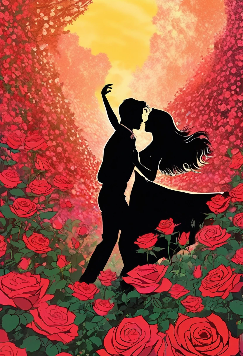 a black silhouette of a couple dancing in the middle of a red rose flower meadow, romantic atmosphere, beautiful detailed couple, vivid colors, lush floral landscape, dramatic lighting, manga style, digital art, by Marshall Arisman, cover illustration, 70mm, 7 0 mm, 70 mm, book cover illustration, by Brigette Barrager, album cover, novel cover art for a book, art concept for a book cover, cover art, 7 feet tall,