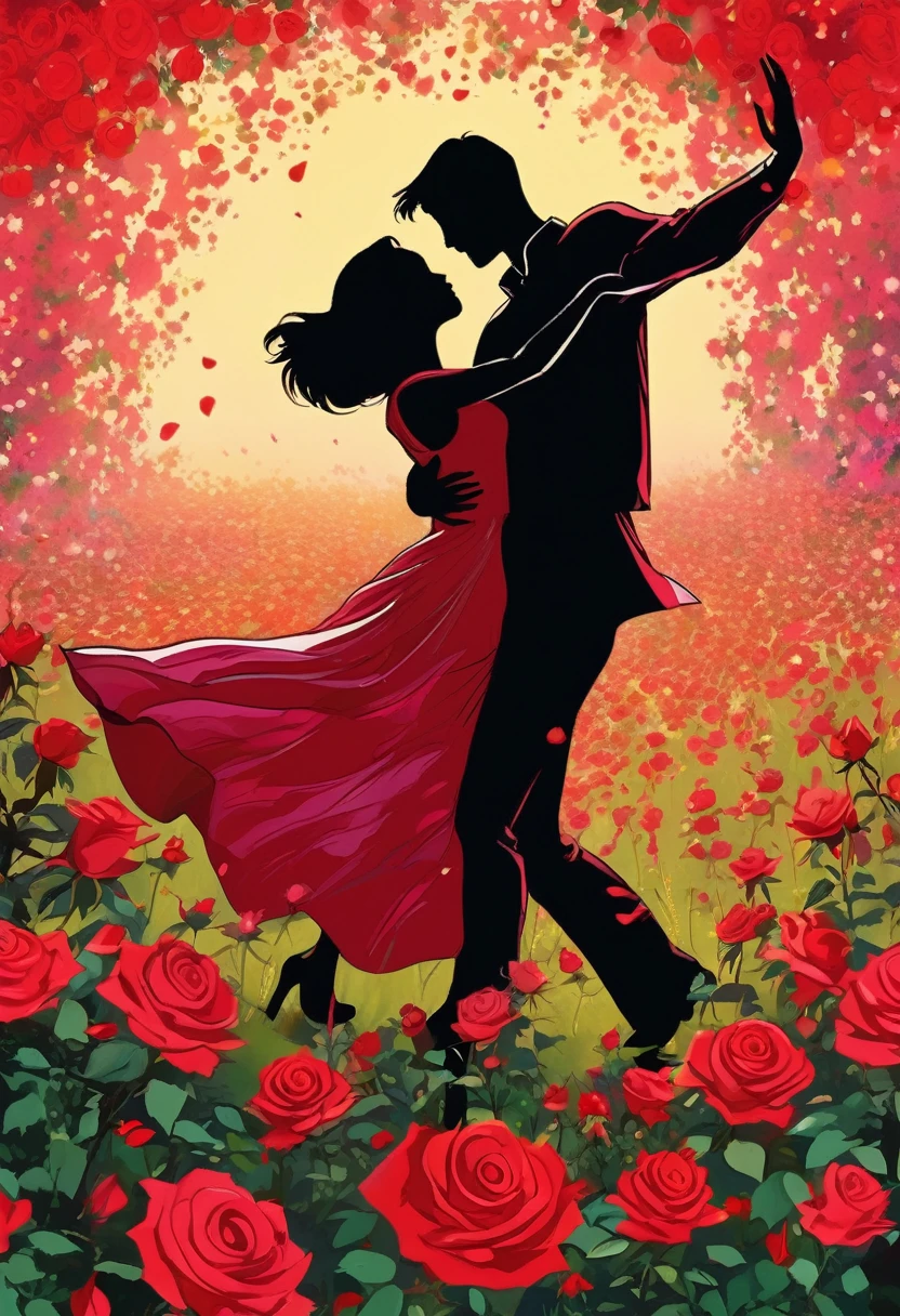 a black silhouette of a couple dancing in the middle of a red rose flower meadow, romantic atmosphere, beautiful detailed couple, vivid colors, lush floral landscape, dramatic lighting, manga style, digital art, by Marshall Arisman, cover illustration, 70mm, 7 0 mm, 70 mm, book cover illustration, by Brigette Barrager, album cover, novel cover art for a book, art concept for a book cover, cover art, 7 feet tall,