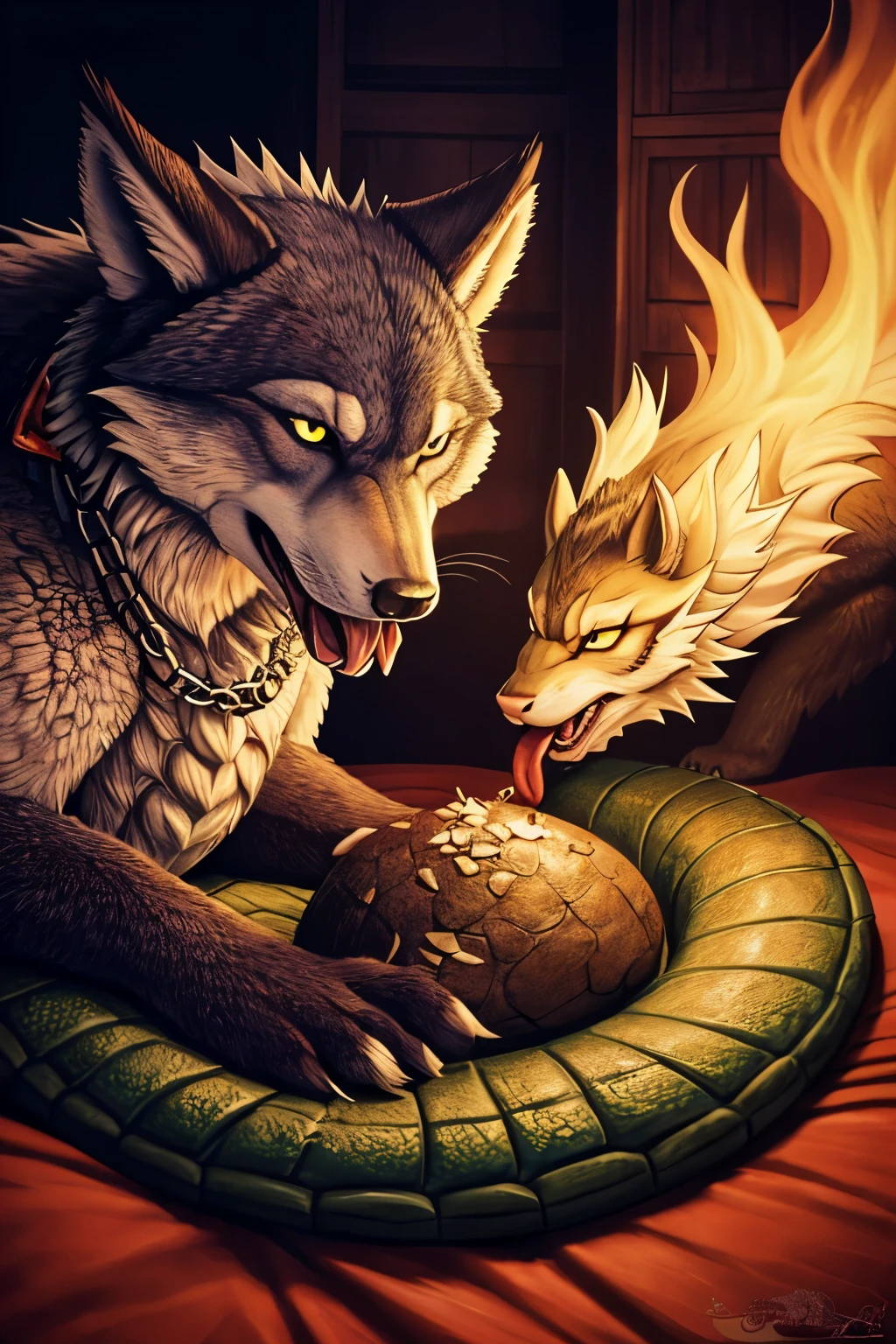 A wolf furry and a dragon furry having are eating lots of food 4th and the fat dragon furry watching it's belly its band the dragon's belly every time he feeds another bite to it but the dragon looks like he has a satisfied face with his tongue out while he's drooling was his eyes partly closed as the furry keeps shoving food in his mouth being chained in bed laying on top of the dragon's belly
