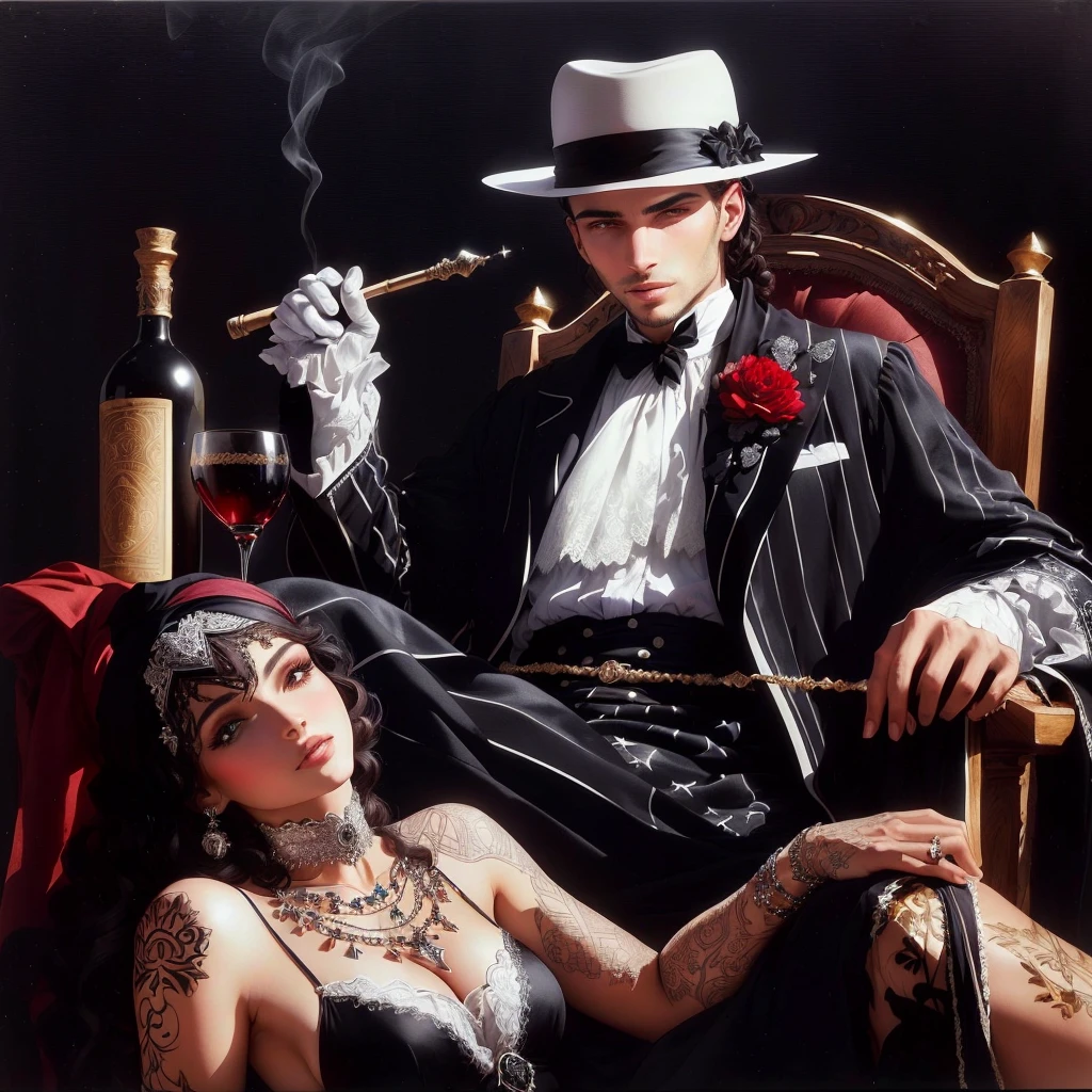 Un jeune marocain est assis sur une chaise au visage fort, vêtu d'une robe noire et blanche avec un chapeau et des gants, tenant un fouet et un verre de vin à la main et fumant un cigare. Une femme est allongée sur le ventre, portant un masque, avec un motif au henné sur la main, à la lumière d'une faible bougie. Le rouge et le noir dominent le tableau, peint sur velours noir par Zelma Blakely, Sheila McLean, Heather Hudson, Jack Bull, Tina Blundell et Edna Mann.