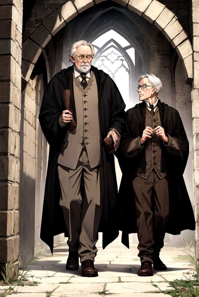 Two boys and old man, black ground France, Harry Potter clothing