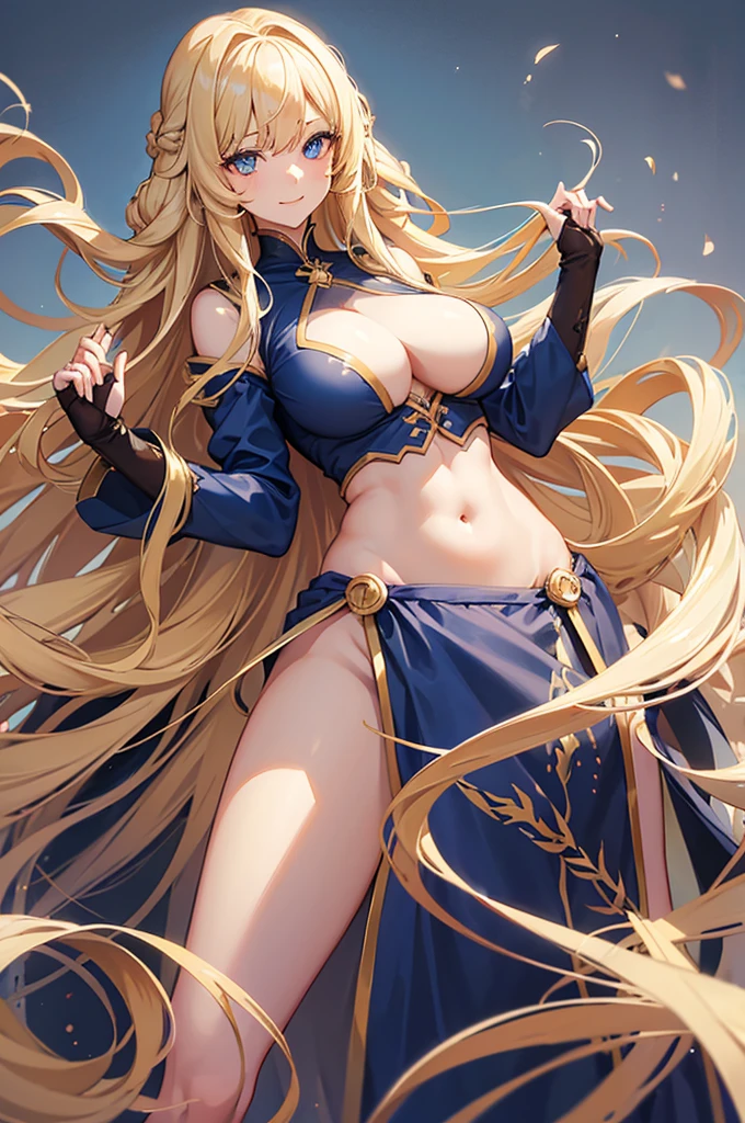 1 girl, wry smile, young girl, pretty face, Multiple long drill hair, Large amount of hair, curly hair in vertical rolls, shiny blonde Long hair, Beautiful blue eyes, huge breasts, She has a large chest but a thin body, white skin, Perfect nudity, completely nude,