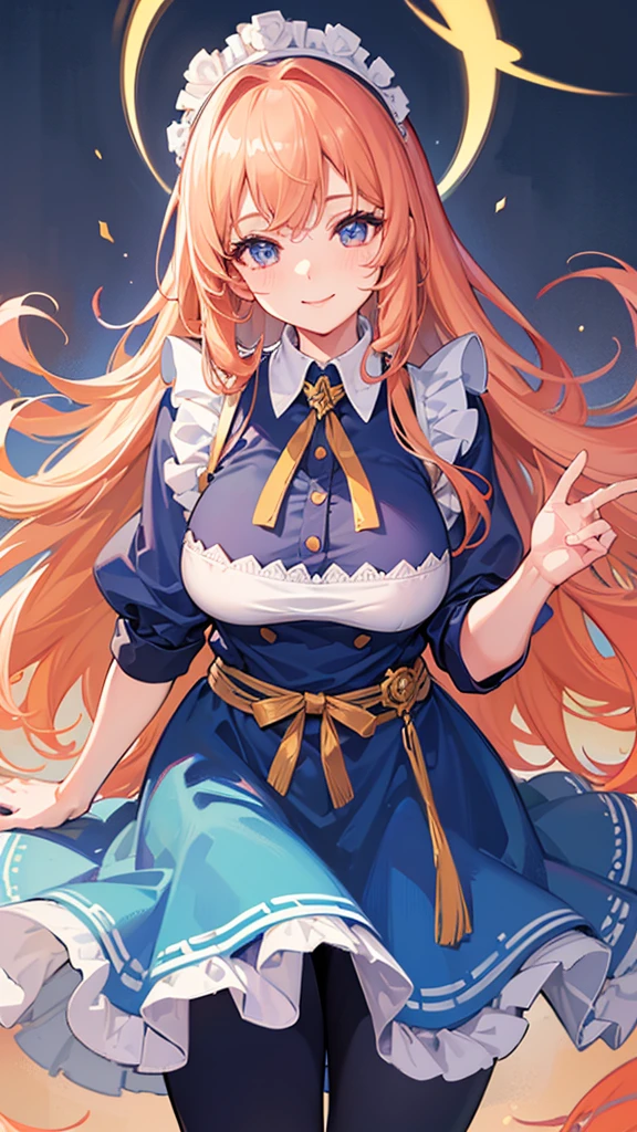 
Highest quality, shape, Very detailed, In detail, High resolution, 8k wallpaper, Perfect dynamic composition, Beautiful details, Center of chest, Natural color lip, Random sexy poses,smile,20-year-old girl,Huge , A woman with long curly blond hair wearing a blue dress and a white apron