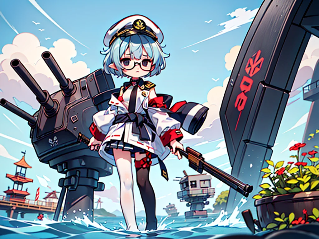 (((masterpiece, Vision))), ((((Full body of a woman with perfect flat chest、1 Female、solo、Short unkempt black hair、Tie your messy hair at the nape of your neck、white military jacket、Miko costume、black tights、Black glasses、White military cap、Cloudy black eyes、Confused eyes、Junyo-inspired emblem)))), (((Shipgirl))), ((Floating on the morning sea with both feet)), (Standing with your legs apart)), Aim, (Hold the shotgun turret grip with your right hand), (Multiple mechanical tentacles growing from his waist), (Equipped with a bridge on the back), (His left arm holds the grip of a triple machine gun),