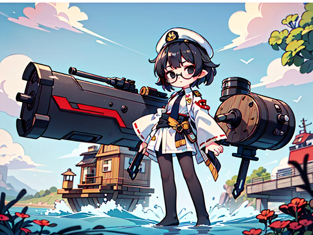 (((masterpiece, Vision))), ((((Full body of a woman with perfect flat chest、1 Female、solo、Short unkempt black hair、Tie your messy hair at the nape of your neck、white military jacket、Miko costume、black tights、Black glasses、White military cap、Cloudy black eyes、Confused eyes、Junyo-inspired emblem)))), (((Shipgirl))), ((Floating on the morning sea with both feet)), (Standing with your legs apart)), Aim, (Hold the shotgun turret grip with your right hand), (Multiple mechanical tentacles growing from his waist), (Equipped with a bridge on the back), (His left arm holds the grip of a triple machine gun),