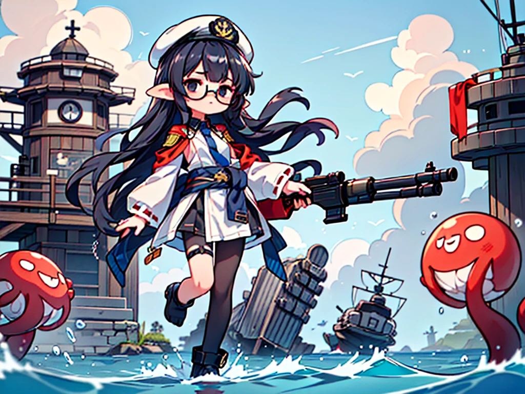(((masterpiece, Vision))), ((((Full body of a woman with perfect flat chest、1 Female、solo、Short unkempt black hair、Tie your messy hair at the nape of your neck、white military jacket、Miko costume、black tights、Black glasses、White military cap、Cloudy black eyes、Confused eyes、Junyo-inspired emblem)))), (((Shipgirl))), ((Floating on the morning sea with both feet)), (Standing with your legs apart)), Aim, (Hold the shotgun turret grip with your right hand), (Multiple mechanical tentacles growing from his waist), (Equipped with a bridge on the back), (His left arm holds the grip of a triple machine gun),
