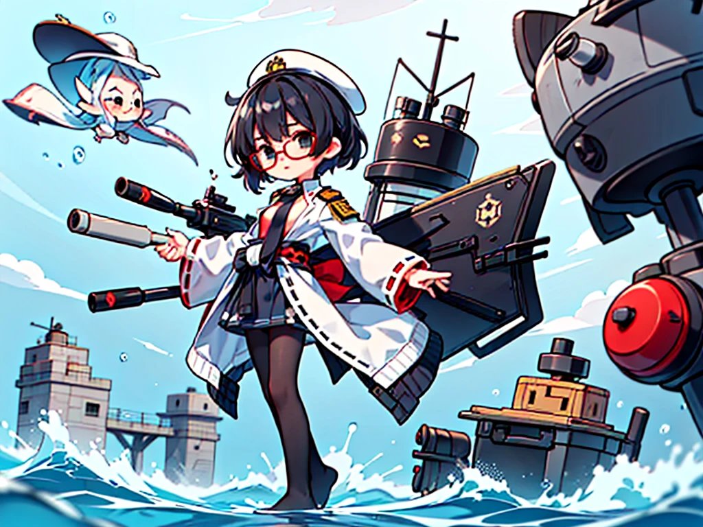 (((masterpiece, Vision))), ((((Full body of a woman with perfect flat chest、1 Female、solo、Short unkempt black hair、Tie your messy hair at the nape of your neck、white military jacket、Miko costume、black tights、Black glasses、White military cap、Cloudy black eyes、Confused eyes、Junyo-inspired emblem)))), (((Shipgirl))), ((Floating on the morning sea with both feet)), (Standing with your legs apart)), Aim, (Hold the shotgun turret grip with your right hand), (Multiple mechanical tentacles growing from his waist), (Equipped with a bridge on the back), (His left arm holds the grip of a triple machine gun),