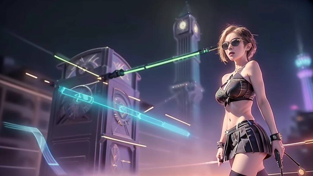 (aerial view). at night, futuristic sci-fi cyberpunk city, broad viaduct, skyscrapers at the end of the viaduct, the movie "13th Floor" style, (((((voltex-spirit-spreading giant clock tower as time machine))))), hq. Matrix style, at night, (1girl, solo), photo realistic, (large-breast:1.2 slim body, cleavage:1.3), (((tube top, extreamly short pleated (((miniskirt)))))), (((((matrix style black sunglasses))))), (((((aiming at camera with a (short:0.8 pistol)))))), (((half-body (thigh level) medium shot))), (cinematic lighting).