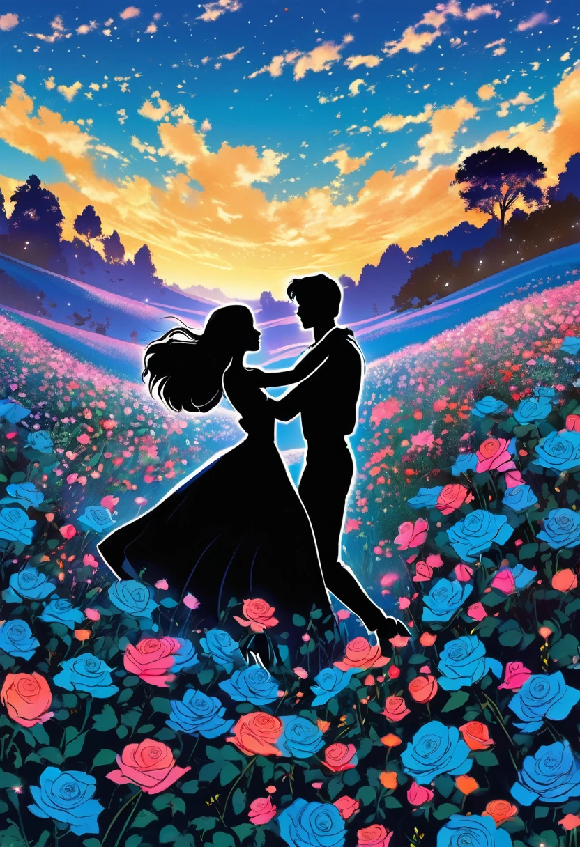 a black silhouette of a couple dancing in the middle of a blue rose flower meadow, romantic atmosphere, beautiful detailed couple, vivid colors, lush floral landscape, dramatic lighting, manga style, digital art, by Marshall Arisman, cover illustration, 70mm, 7 0 mm, 70 mm, book cover illustration, by Brigette Barrager, album cover, novel cover art for a book, art concept for a book cover, cover art, 7 feet tall,