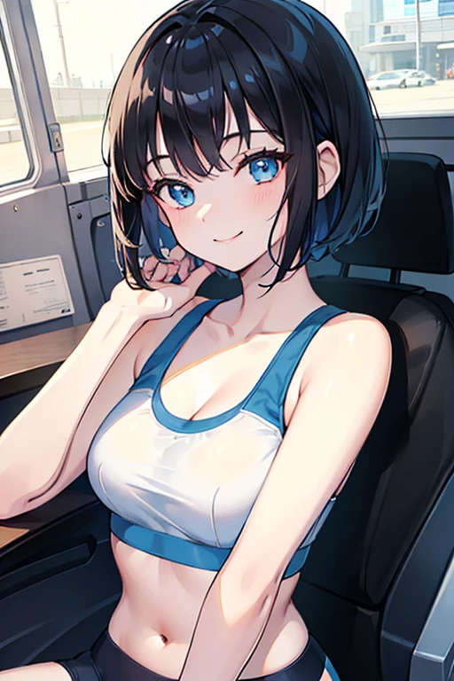 ((Highest quality)), ((masterpiece)), (Familiar), Illustration Style,Perfect Face,1 Girl,Black Hair,Short Hair,Glowing Skin,big, Bright Blue Eyes,Beautiful Bangs,Small breasts,Super Beauty,woman,,Sports Bra ,Beautiful clothes,noon,smile,Bending