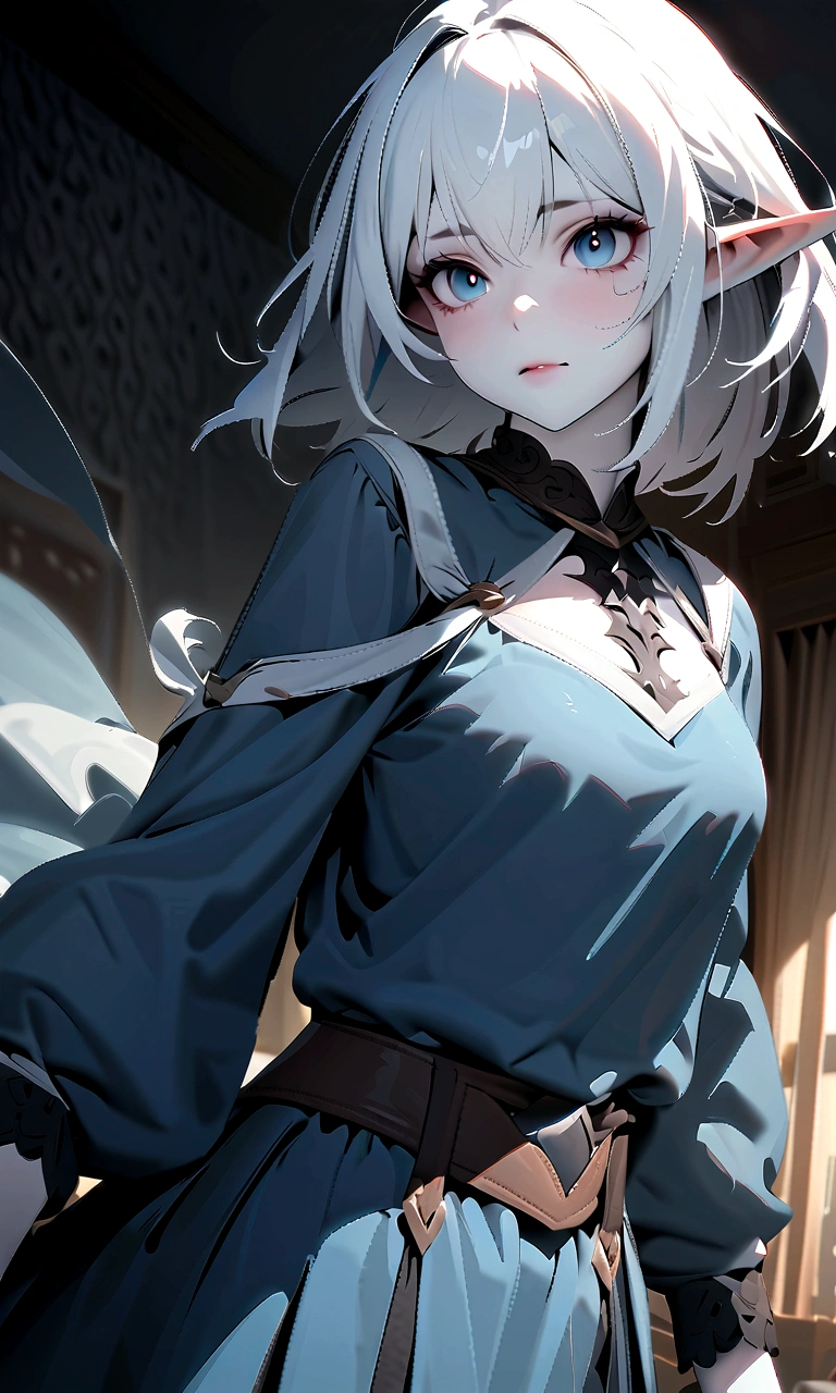 quality\(masterpiece, best quality,8k,wallpaper of extremely detailed CG unit,hight resolution,top-quality,top-quality real texture skin,hyper realisitic,increase the resolution,RAW photos,best qualtiy,highly detailed,the wallpaper\), BREAK ,1girl\(long white hair, dark blue eyes,elf, pale skin, dark circles under her eyes\),(dress on wind)