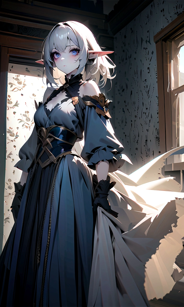 quality\(masterpiece, best quality,8k,wallpaper of extremely detailed CG unit,hight resolution,top-quality,top-quality real texture skin,hyper realisitic,increase the resolution,RAW photos,best qualtiy,highly detailed,the wallpaper\), BREAK ,1girl\(long white hair, dark blue eyes,elf, pale skin, dark circles under her eyes\),(dress on wind)