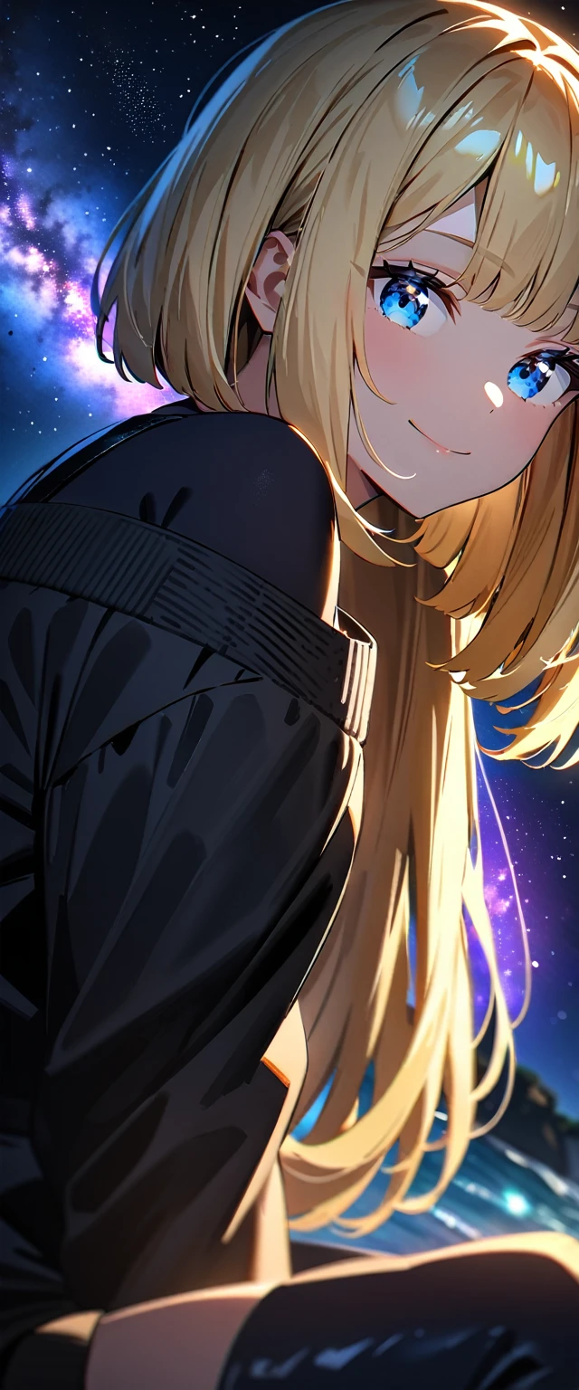 ((leaning forward)), (((focus on face))), ((close up face)), (((a beautiful starry sky, the Milky Way shining beautifully in the night))), ((Aran sweater)), ((((from side)))), ((sitting on the very high cliff)), wavy hair, inward curled hair, sea, ((blond hair, bob cut:1.3)), breasts, teenager, (looking at viewer), oversized clothes, puffy long sleeves, ((off-shoulder sweater:1.3, Quite thick shoulder straps)), ((black sweater)), collarbone, head tilt:1.3, (((blue eyes))), happy smile, (((anime style))), (best quality, 4K, 8K, highres, masterpiece:1.2, ultra-detailed, ultra-detailed eyes, HDR, uhd, studio lighting, ultra-fine painting, sharp focus, physically-based rendering, extreme detail description, professional, vivid colors, bokeh)