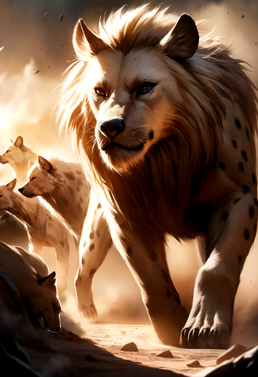 hyenas lunging at the lion, the lion fighting back bravely, highly detailed, realistic, 4k, photorealistic, dramatic lighting, cinematic composition, powerful emotional expression, dynamic action, vibrant colors, lush african savanna environment, dust and debris, motion blur, depth of field, ultra detailed