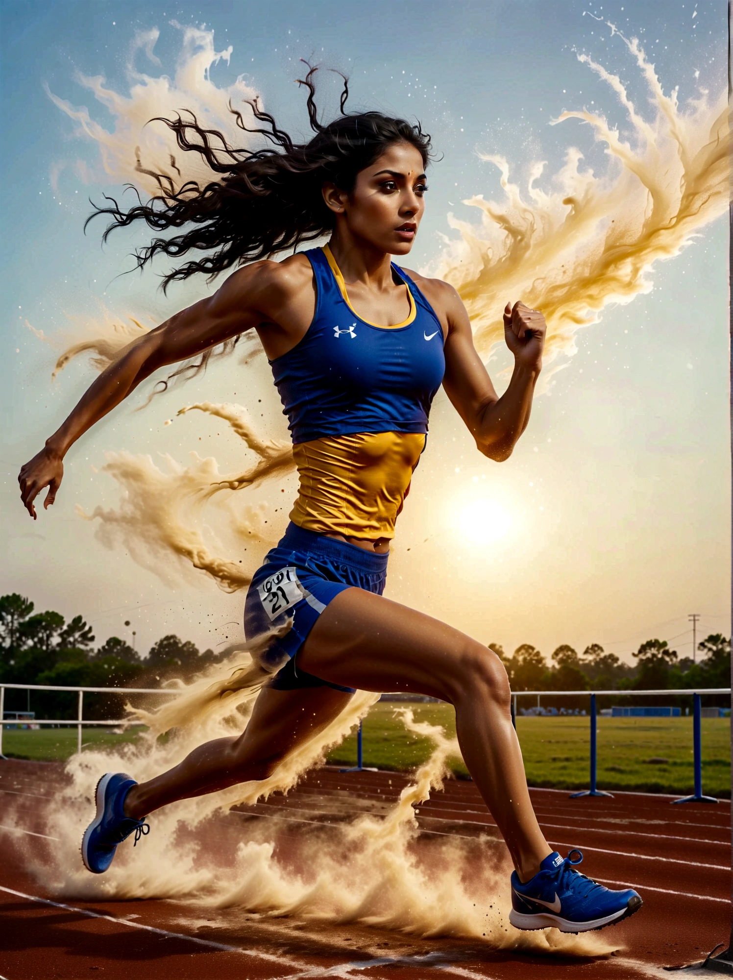 A dynamic scene unfolds on a professional athletics track where an intense competition is in progress. The setting sun in the background casts a warm light on the field, revealing an athlete, a determined South Asian woman in her mid-twenties, intensely focused on the task at hand. With her running shoes kicking up small dust clouds from the track, she is in the process of leaping over a hurdle. The hurdle, a strip of bright aluminum with a bar painted white and black for visibility, stands seemingly insurmountable but not for our athlete. Her muscles are tensioned, her form flawless as she jumps over it, in her royal blue and yellow athletic attire.