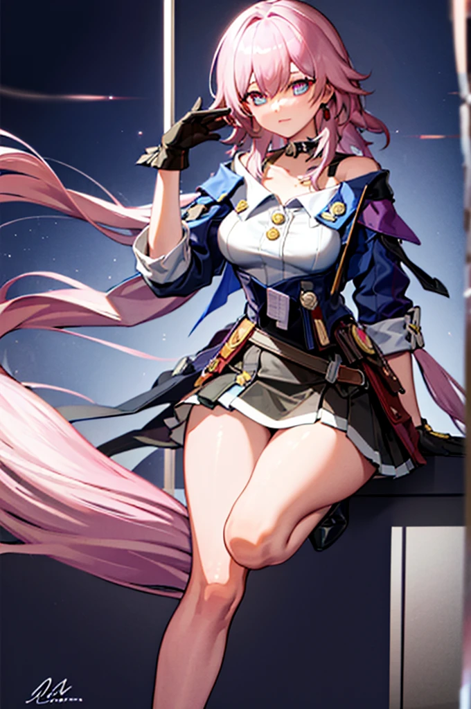 (masterpiece), best quality, expressive eyes, perfect face, 2 girls, , march seventh, blue eyes, hair between eyes, medium hair, pink eyes, pink hair, two-tone eyes, ankle boots, archery shooting glove, badge, bare legs, black choker, black corset, black footwear, black gloves, blue jacket, blue skirt, boots, button badge, buttons, choker, collarbone, corset, earrings, flower ornament, gloves, high heel boots, high heels, jacket, jewelry, long sleeves, miniskirt, partially fingerless gloves, pleated skirt, shirt, single earring, single glove, skirt, thigh strap, tied jacket, underbust, white shirt, city, background, futuristic city, standing, portrait, looking at the viewer,long legs,nice feet，lesbians