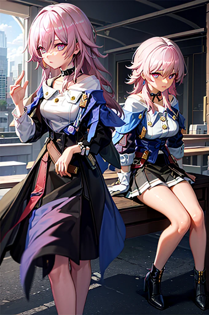 (masterpiece), best quality, expressive eyes, perfect face, 2 girls, , march seventh, blue eyes, hair between eyes, medium hair, pink eyes, pink hair, two-tone eyes, ankle boots, archery shooting glove, badge, bare legs, black choker, black corset, black footwear, black gloves, blue jacket, blue skirt, boots, button badge, buttons, choker, collarbone, corset, earrings, flower ornament, gloves, high heel boots, high heels, jacket, jewelry, long sleeves, miniskirt, partially fingerless gloves, pleated skirt, shirt, single earring, single glove, skirt, thigh strap, tied jacket, underbust, white shirt, city, background, futuristic city, standing, portrait, looking at the viewer,long legs,nice feet，lesbians