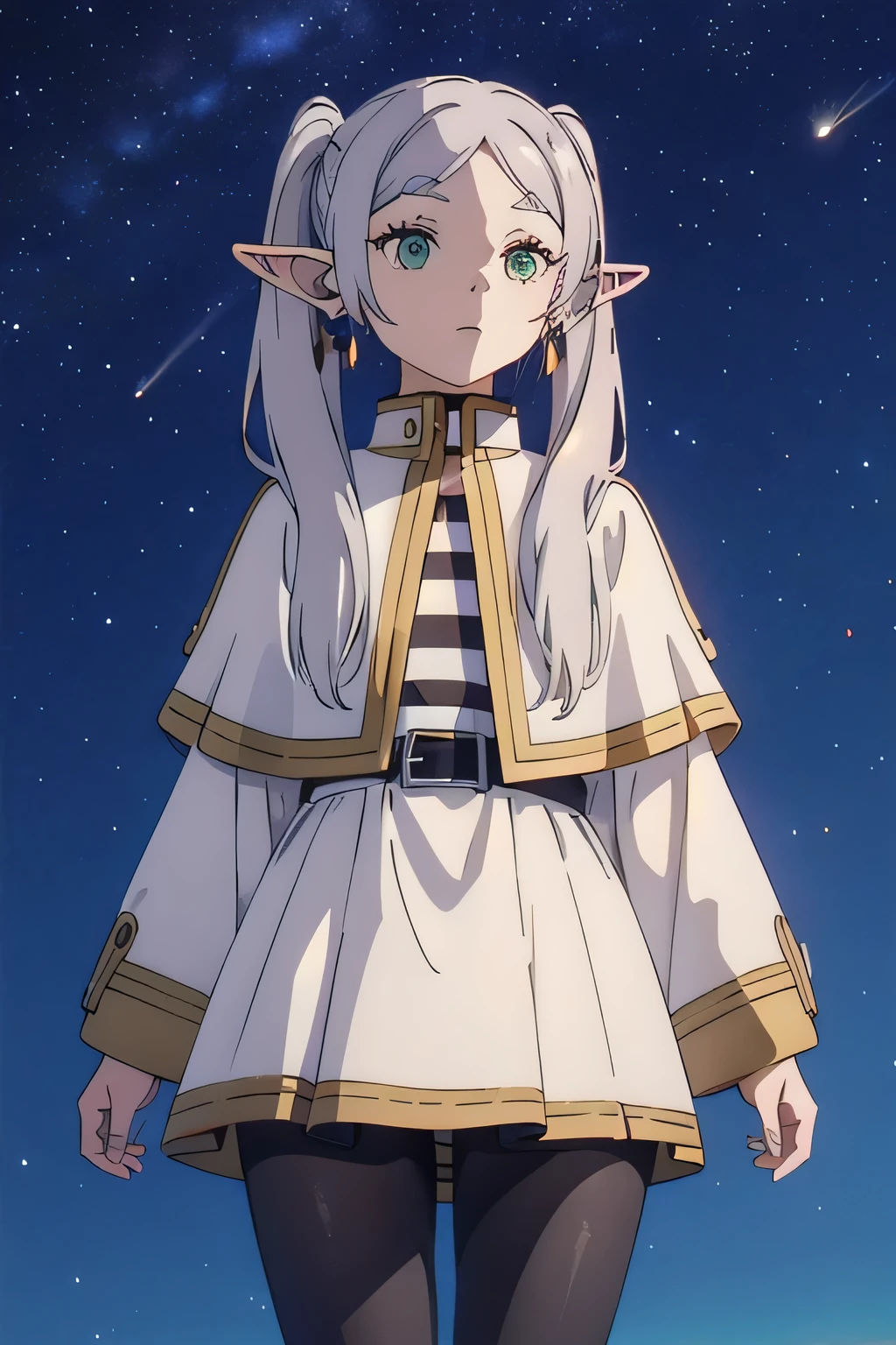 1girl,solo,elf,white hair, grey hair, earrings, pointy ears, long hair, ponytail, green eyes, twintails, parted bangs, thick eyebrows,
collared capelet, white capelet, striped shirt, long sleeves,striped, white skirt,
pantyhose,
night sky, stars, galaxy, milkyway,
 