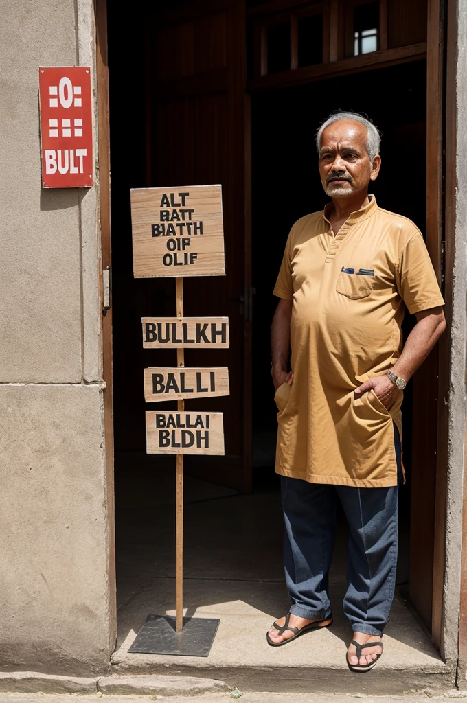 A 50-year-old man stands with a placard that reads "Balak Buddhi
