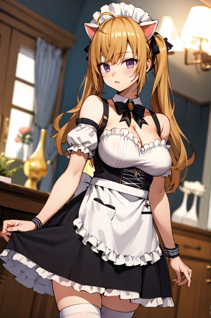 masterpiece, best quality, highres, hmtr, twintails, ahoge, maid headdress, animal ears, hair ribbon, black ribbon, cat tail, cleavage, black bowtie, maid, black dress, short sleeves, detached sleeves, bare shoulders, wrist cuffs, white apron, black thighhighs, standing, indoors, cowboy shot, arms at sides, straight-on,big breasts