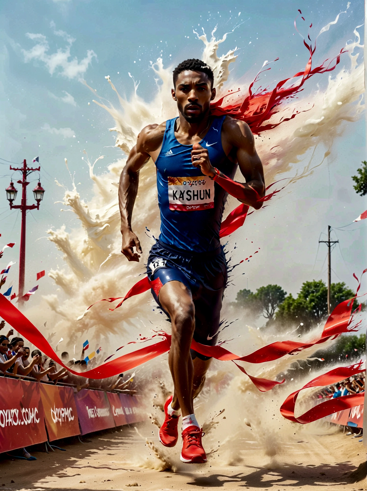 A photo of a diverse male athlete in mid-stride, on the verge of breaking a red ribbon at the finish line of an Olympic race, He is dripping with sweat and his face shows intense determination, Spectators and the Olympic symbols are visible in the background, creating an atmosphere of intense competition and excitement
